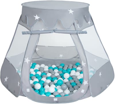 Selonis Pop Up Kasteeltent Grijs Voor Kinderen - 100 Ballen Speeltent - Binnen En Buiten Speelhuisje - 105x90 cm - Grijs Wit Turquoise