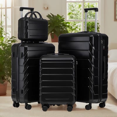 MIVRAY Kofferset 4 Delig 19 24 28 Inch ABS Zwart Met Telescoopgreep En Cosmetische Koffer Voor Reizen