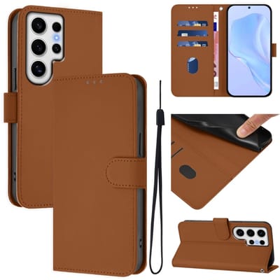 Telefoonhoesje van effen leer met een natuurlijke textuur en draagkoord voor Samsung Galaxy S24 Ultra 5G (bruin).