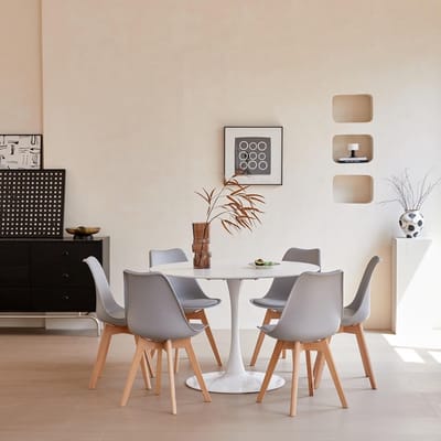 Ronde Eettafelset met 6 Moderne Stoelen - 110 cm - Wit Tafelblad & Grijze PU Zittingen