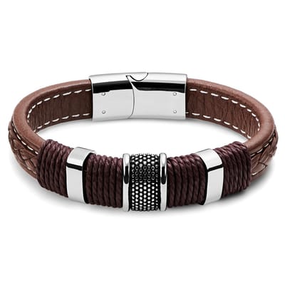 Icon | Armband van Bruin Leer en Roestvrij Staal