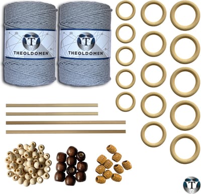 XXL Macramé Pakket | 400 METER | Incl. Handleiding | Lichtgrijs | Starter Set | Ringen | Kralen | Stokken | Macramé Touw | 3mm | 100% Katoen | Macramé | Decoratie | DIY | Doe Het Zelf | Wandkleed | Dromenvanger | Plantenhanger | Tassen | TheOldOmen