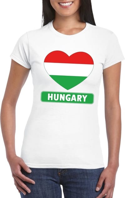 Hongarije t-shirt - met hartjes vlag print - wit - voor dames - korte mouwen - landen supporters S