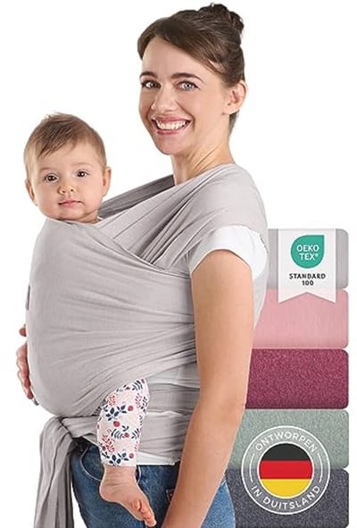 Draagdoek voor Pasgeborenen tot 15 kg | Biologisch Katoen | 5.1 Meter Lang | Ergonomische Draagdoek | Lichtgrijs
