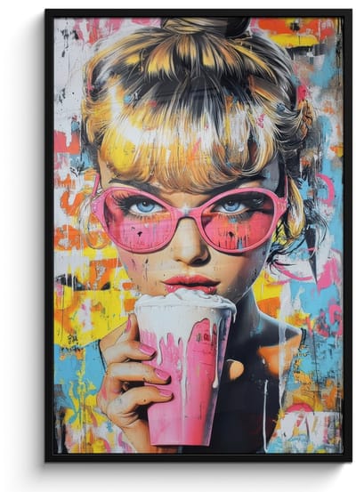 Poster in lijst - Fotolijst 80x120 cm - Posters - Expressief - Milkshake - Vrouw - Felle kleuren - Posterlijst zwart - Decoratie - Wanddecoratie woonkamer - Muurdecoratie slaapkamer