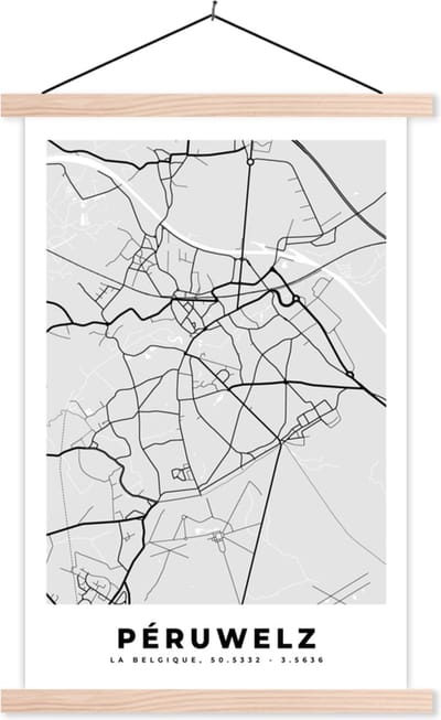 Posterhanger incl. Poster 40x60 cm - Schoolplaat - Stadskaart – Plattegrond – België – Zwart Wit – Péruwelz – Kaart - Textielposter - Blanke latten - Stadskaart