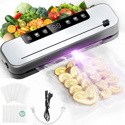 Ynkkvre - Vacumeermachine - Professionele Vacuümmachine RVS – 75 kPa Vacumeerapparaat met LCD Display & UV-Desinfectie – Inclusief 50 Vacuümzakken – Voor Voedselbewaring & Meal Prep