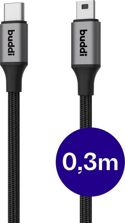 Buddi Flex USB-C naar Mini USB Kabel - 12W Fast Charge - Korte Kabel - 30CM - Kabel voor Playstation 2 en 3 Controller - Voor o.a. Grafische Rekenmachines, GPS, Dashcam, MP3/MP4, Recorders - Zwart
