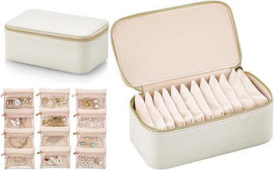 Juwelendoos-sieradendoos voor volwassenen-sieradendoos meisjes-reissieradendoos organizer - 12 kleine ritsvakjes - voor sieraden, kettingen, ringen, oorbellen en classificatie - gebroken wit - 21,5 x 8,5 x 11,5 cm