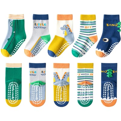 5 Paires de Chaussettes en Coton pour Enfants 1-12 Ans Mi-mollet Distribution Sol Aire de Jeux Chaussettes Antidérapantes Trampoline Chaussettes pour Tout-petits S (1-3T) gray