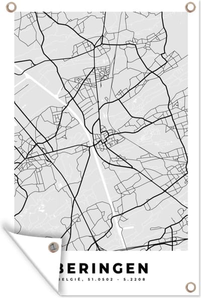 Muurdecoratie Zwart Wit – België – Plattegrond – Stadskaart – Kaart – Beringen - 120x180 cm - Tuinposter - Tuindoek