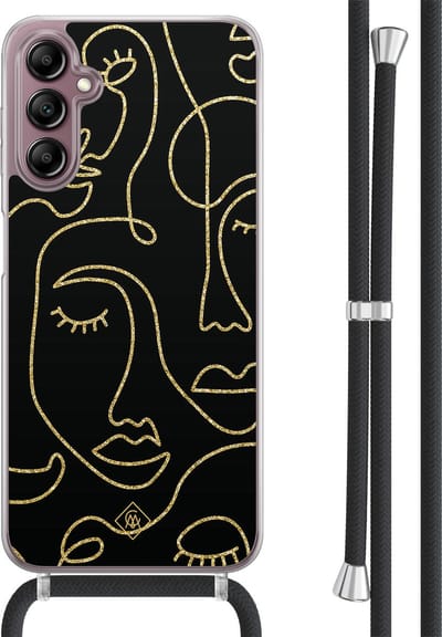 Casimoda® hoesje met koord - Geschikt voor Samsung A14 - Abstract Faces - Afneembaar koord - TPU/acryl - Zwart