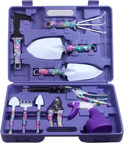 Tuingereedschap Set 10-Delig - Met Bloemen Print en Ergonomische Handvatten - Tuinset met Draagtas - Roestvrij - Perfect Cadeau voor Tuiniers