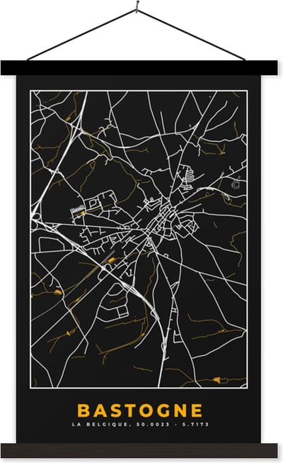 Posterhanger incl. Poster 40x60 cm - Schoolplaat - Stadskaart - Bastogne - Kaart - Plattegrond - Goud - Textielposter - Zwarte latten - Stadskaart