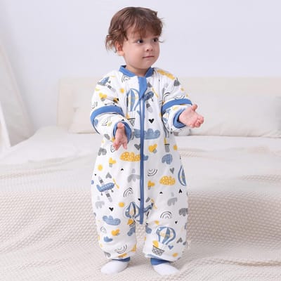Famanu - Babyslaapzak voor jongens en meisjes, uniseks, met pijpjes, warm gevoerd, voor de winter, afneembare mouwen, blauw vliegtuig, 18 tot 36 babylengte 85 tot 95 cm