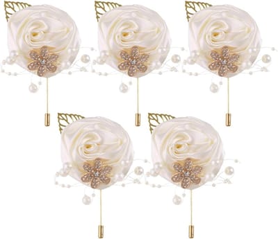 Kunstmatige Boutonniere - Nep Corsage - Feestelijke Decoratie - Goudblad Ontwerp - 5 Stuks - Ivoor