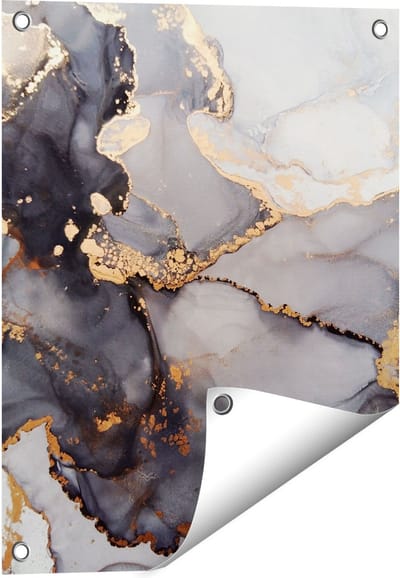 Gards Tuinposter Abstracte Kunst - Grijze Marmer met Goud - 40x50 cm - Tuindoek - Tuindecoratie - Wanddecoratie buiten - Tuinschilderij