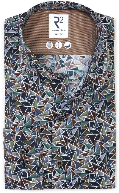 R2 Overhemd Poplin Triangle Print Groen - Maat 39 - Heren - Overhemden Formeel
