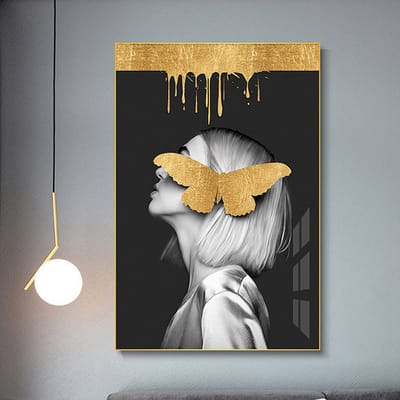Allernieuwste.nl® Canvas Schilderij Gouden Vlinder Meisje 2 - Kunst aan je Muur - Modern - zwartwit en goud - 50 x 75 cm