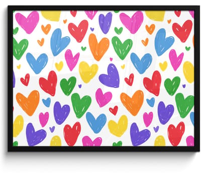 Poster in lijst - Fotolijst 80x60 cm - Posters - Hartjes - Patroon - Kleurrijk - Tekening - Posterlijst zwart - Decoratie - Wanddecoratie woonkamer - Muurdecoratie slaapkamer