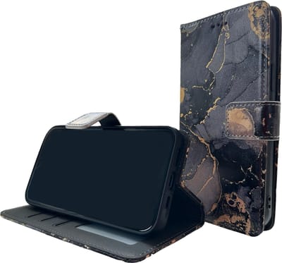 HEM Stylish Book Case (geschikt voor 14/15) iPhone 15 hoesje met 3 pasjesuitsnedes + fotovakje - Portemonneehoesje - iPhone 14 hoesje met pasjeshouder - Marble Blauw/Goud