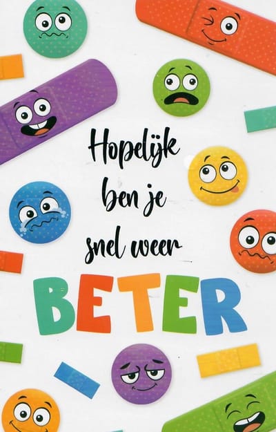 Hopelijk ben je snel weer beter! Een grappige kaart om een ziek persoon weer op te vrolijken met afbeeldingen van smileys in de pleisters. Leuk om zo te geven of bij een cadeau te voegen. Een dubbele wenskaart inclusief envelop en in folie verpakt.