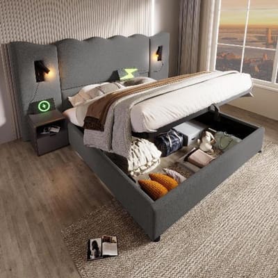 BLACKCOLORS Gestoffeerd bed 160x200 cm met opbergruimte, leeslamp en USB Type-C, linnen Grijs