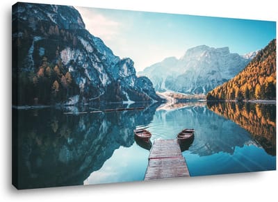 Dailygoods- Leinwandbild 120x80 cm - Bergmeer/Boten Motief - Wanddecoratie - Kunstdruk - Houten Frame - Kant-en-klaar - Canvasprint
