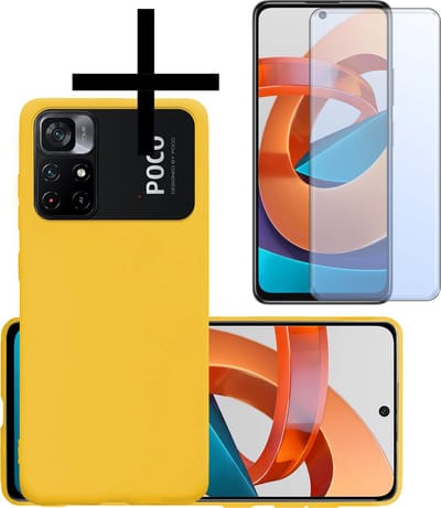 Hoesje - Met Screenprotector - Geschikt voor Xiaomi Poco M4 Pro 5G - Sterk & Shockproof - Back Cover - Siliconen Case - Telefoon Hoes - Geel