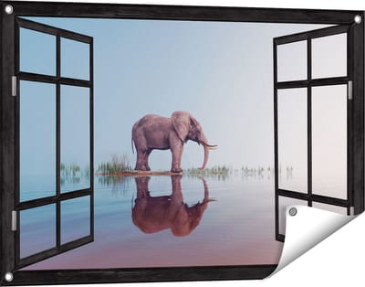 Gards Tuinposter Doorkijk Olifant bij het Water - 90x60 cm - Tuindoek - Tuindecoratie - Wanddecoratie buiten - Tuinschilderij