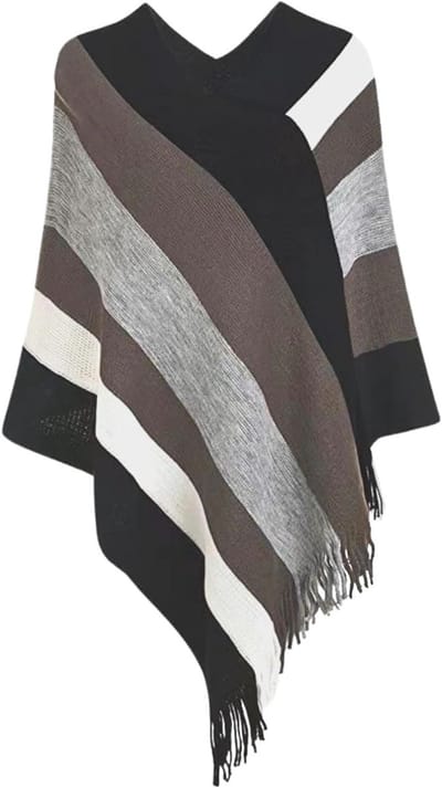 Dames gebreide warme gestreepte poncho's voor de winter met fluffy mouwen en franjes, perfect voor plus size en casual outfits