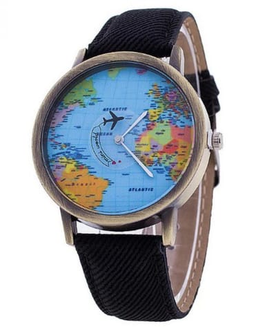 Hidzo Horloge Wereldkaart - Ø 38 mm - Zwart - kunstleer