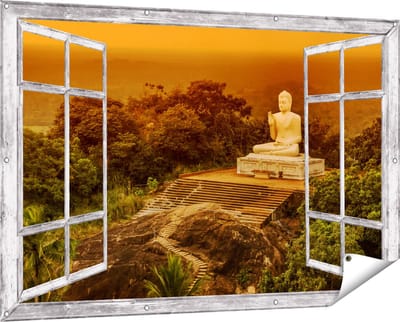 Gards Tuinposter Doorkijk Boeddha Beeld bij een Tempel in het Bos - 150x100 cm - Tuindoek - Tuindecoratie - Wanddecoratie buiten - Tuinschilderij