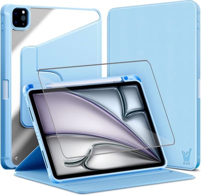 Hoes met Screenprotector geschikt voor iPad Air 11 2024 / iPad Air 10.9 2022-2020 / iPad Pro 11 2022-2018 - Book Case Premium Sleep Cover Kunstleer 360 Graden Draaibaar met Auto/Wake Functie en Pencilhouder - Blauw
