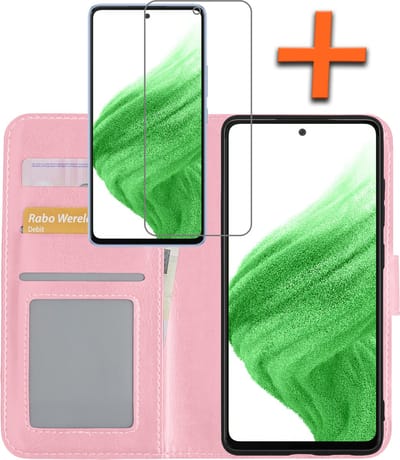 Hoes - Met Screenprotector - Geschikt voor Samsung Galaxy A53 - Luxe Pasjeshouder - Bookcase Portemonee - Flip Case - Kunstleer Book Case - Flipcase - Book Cover - Walletcase - PortemonneeHoes - Lichtroze