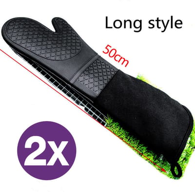 2 Stuks/1 Paar Siliconen Ovenwanten met Zachte Katoenen Voering , Extra Lange Hittebestendige Ovenhandschoenen Voor Bakken, Koken, Grillen-zwart