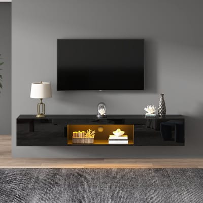 MODFU Wandmeubel Voor Tv - Hoogglans - Met Ledverlichting En Kabeldoorvoer - Modern - MDF En Spaanplaat - Zwart - 160 X 31 X 22 cm
