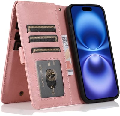 Mobiq - Zacht Leren geschikt voor iPhone 16 Plus Wallet Hoesje - roze