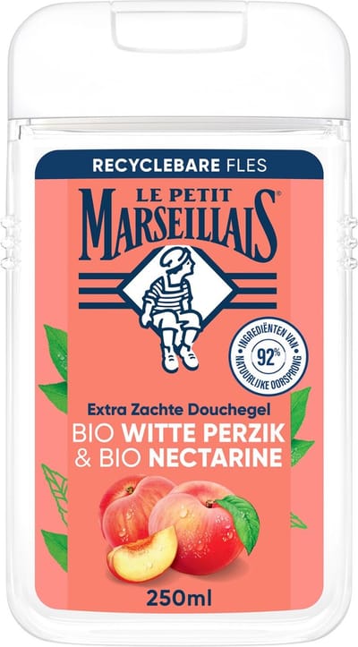 Le Petit Marseillais Bio Pêche Nectarine gel douche rafraîchissant, composé à 98 % d’ingrédients d’origine naturelle et testé sous contrôle dermatologique, 250 ml