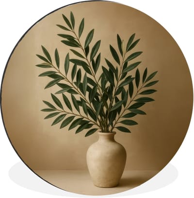 WallCircle - Wandcirkel - Muurcirkel - Vaas - Olijftakken - Bladeren - Beige - Aluminium - Dibond - 30x30 cm - Binnen en Buiten