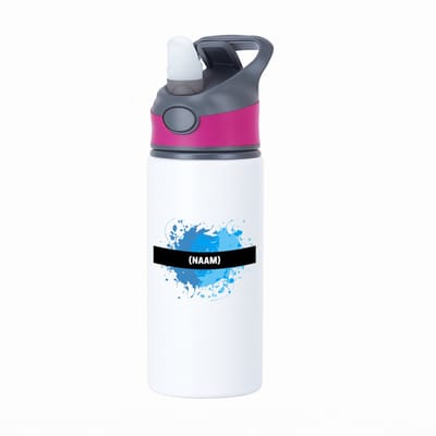 Hacebo® - blauwe verfvlek met eigen naam waterfles met rietje roze - Kunst - kunstenaars/kunstenaressen - verjaardag - mensen die houden van verven - cadeau - kado - geschenk - gift - water fles - 650ML