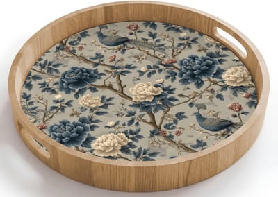 Dienblad rond 40x40 cm - Schootdienblad hout - Pauw - Bloemen - Blauw - Borrelplank rechthoek - Plateau houten dienbladen