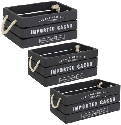 Atmosphera Opbergkisten set 3x stuks - hout - decoratief - vintage look - 35 x 25 x 15 cm - 3 formaten set - Fruit kistjes - antraciet