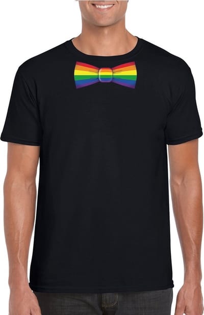 Zwart t-shirt met regenboog strikje heren - LGBT/ Gay pride shirts S
