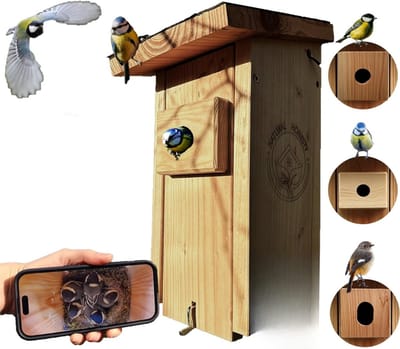 TIM® Vogelhuisje met Camera – Nestkast Camera Oplaadbaar – Vogelvoederhuisje met Camera – Vogel Camera met Dag & Nachtzicht – Camera Vogelhuisje IP65 Waterdicht - Hout - 5cm x 20cm x 36cm