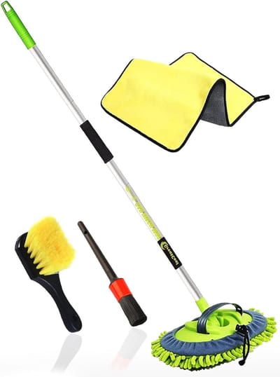 VIN® Autowasborstel Telescopisch - Wasborstel Met Telescopische steel – Telescoop Wasborstel Met Zachte Borstel Haren – Uitschuifbare Wasborstel Auto Met Microvezeldoek en accessoires – Was Borstel – 113 cm