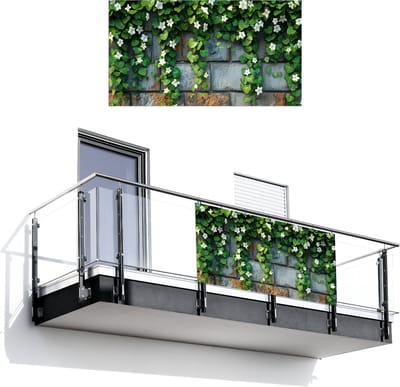 Balkonscherm 200x110 cm - Balkonposter Klimop - Groen - Stenen - Wit - Grijs - Balkon scherm decoratie - Balkonschermen - Balkondoek zonnescherm