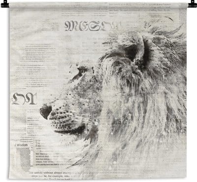 Wandkleed - Leeuw - Krant - Zwart - Wit - 120x120 cm - Wandtapijt