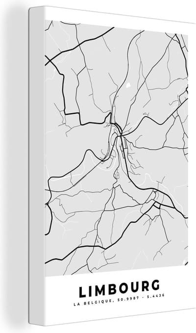 Canvas Schilderij Stadskaart – Zwart Wit - Kaart – Limbourg – België – Plattegrond - 20x30 cm - Wanddecoratie