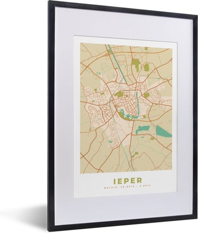 Fotolijst incl. Poster - Stadskaart - Ieper - Kaart - Vintage - Plattegrond - 30x40 cm - Posterlijst